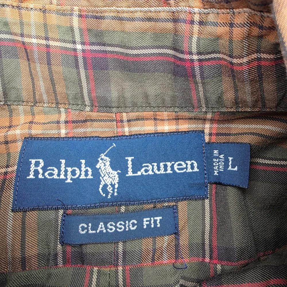 Polo Ralph Lauren Mens Large Classic Fit Plaid Button Down Shirt Olive Green Tan